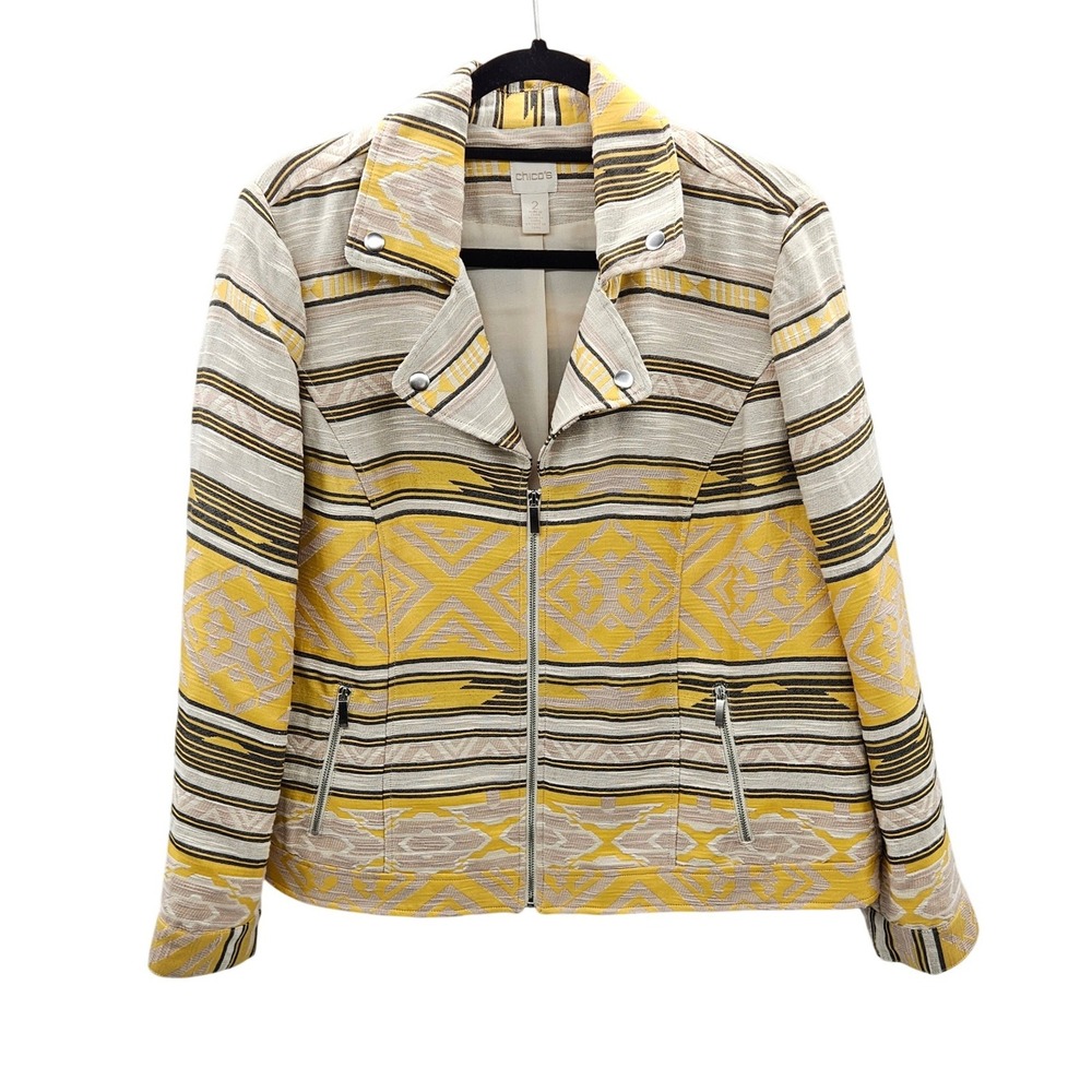 Chico's Aztec Jacquard Tapestry Zip Front‎ Moto Jacket Chico's Size 2 Large